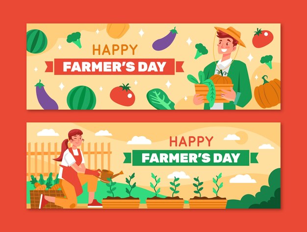 Flat farmer's day horizontal banners set