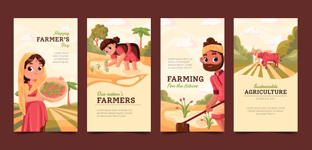 Free vector flat farmer's day instagram stories collection