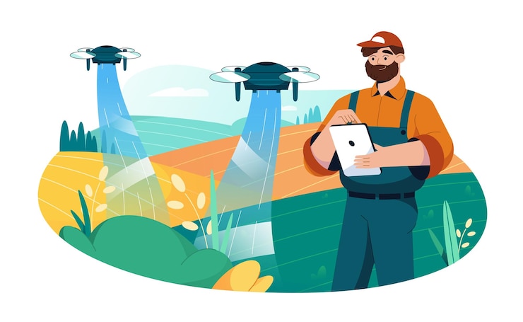 Free Vector flat farmer use tablet for control quadcopter drone to automate irrigation of agricultural field. smart farming and innovation technology in agriculture. farm industry, spray fertilizer concept.