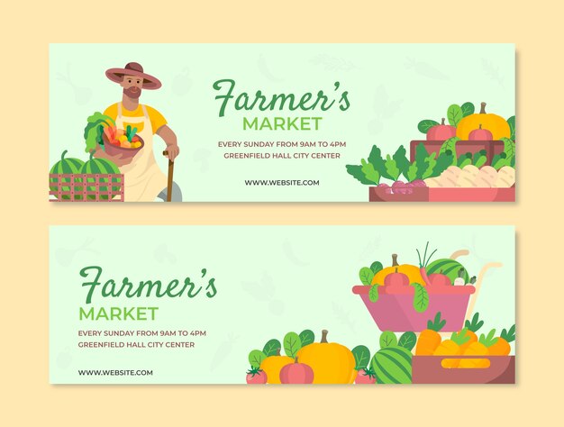 Flat farmers market horizontal banners pack