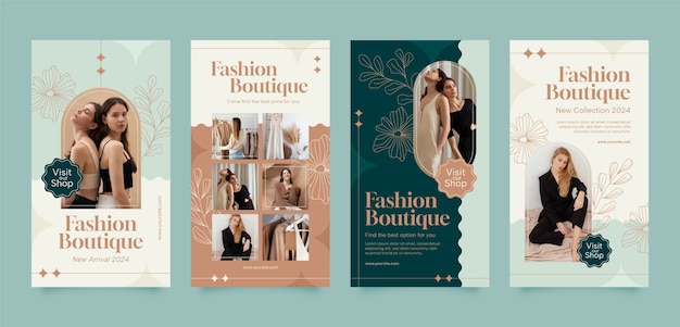 Vettore gratuito collezione di storie di instagram boutique di moda piatta