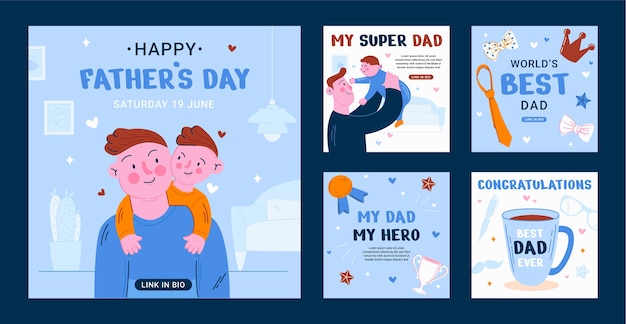 Free vector flat father's day instagram posts collection