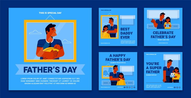 Vettore gratuito collezione di post di instagram per la festa del papà piatta