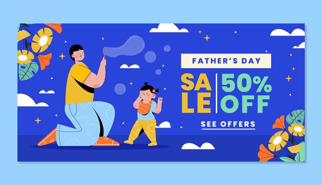 Flat father's day sale horizontal banner template