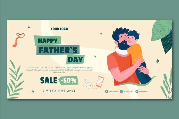 Flat father's day sale horizontal banner with dad and child