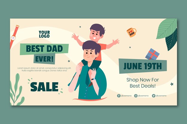 Flat father's day social media promo with dad and child