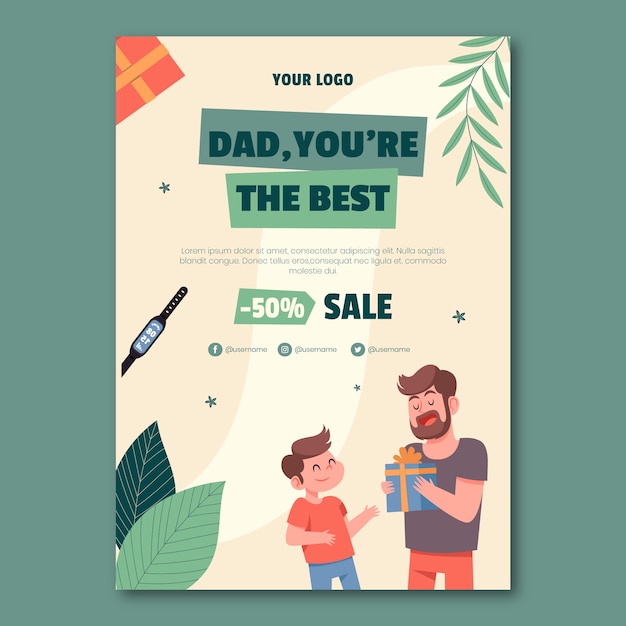 Free vector flat father's day vertical poster template with dad and child