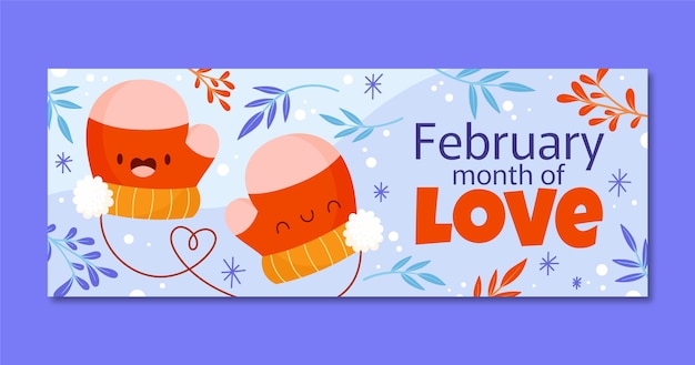 Vettore gratuito modello di copertina per social media di febbraio piatto mese d'amore
