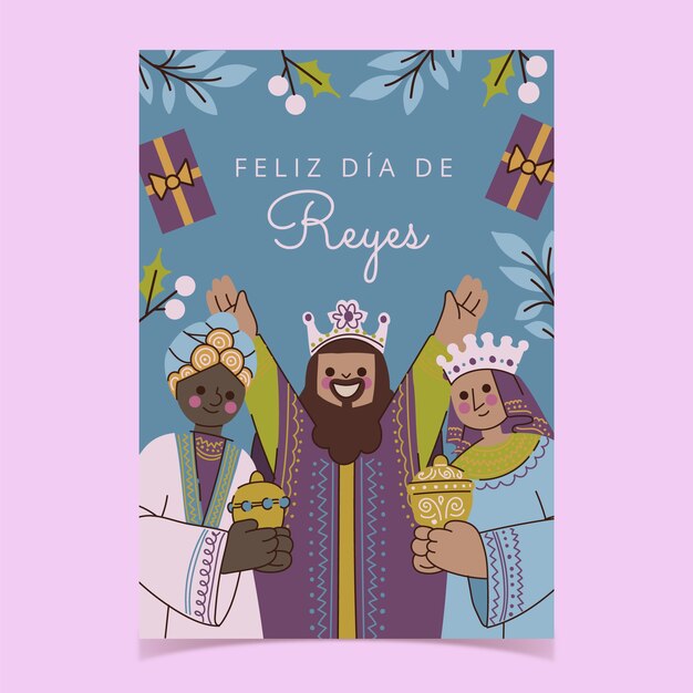 Плоский шаблон поздравительной открытки feliz dia de reyes