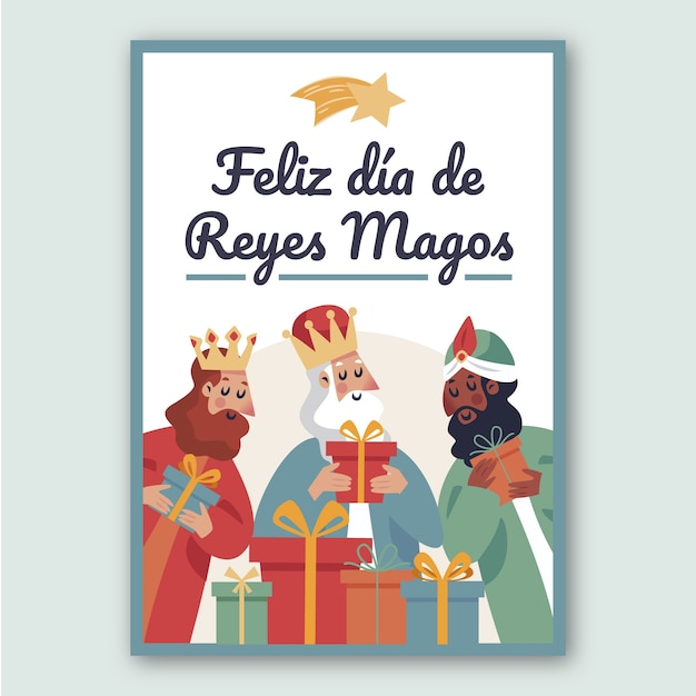 Flat feliz dia de reyes greeting card template