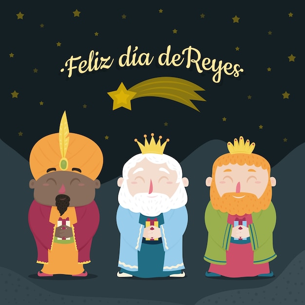Flat feliz dia de reyes greeting card template