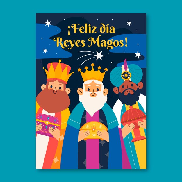 Flat feliz dia de reyes greeting card template