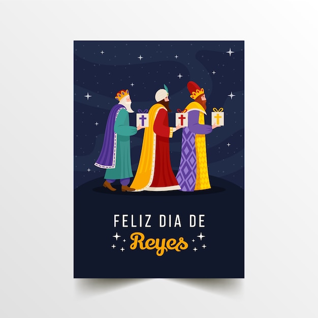 Flat feliz navidad reyes magos greeting card template