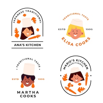 Плоская коллекция логотипов женского шеф-повара Бесплатные векторы