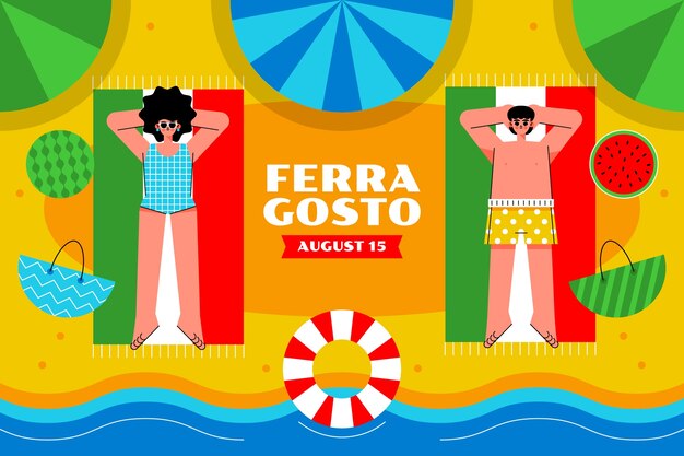 Fondo piatto di ferragosto con gente in spiaggia