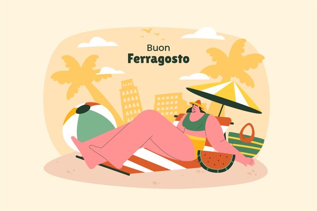 Flat ferragosto background with person on the beach