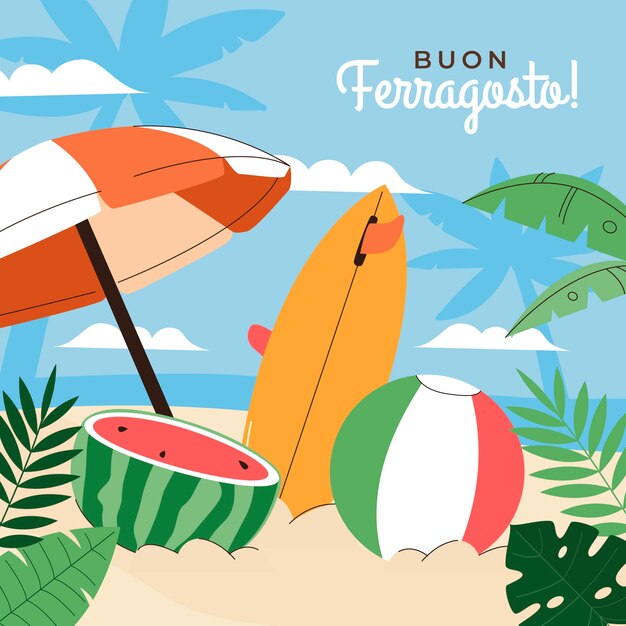 Flat ferragosto illustration with surfboard and watermelon on beach