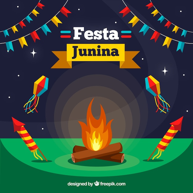 Flat festa junina background with bonfire