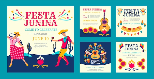 Free vector flat festa junina instagram post collection