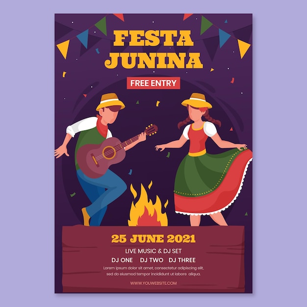 Vettore gratuito modello di poster verticale piatto festa junina