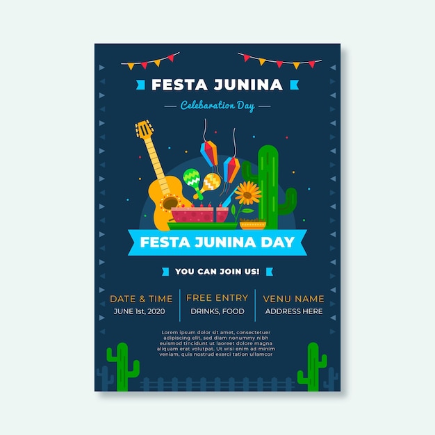 Плоский шаблон вертикального плаката festa junina