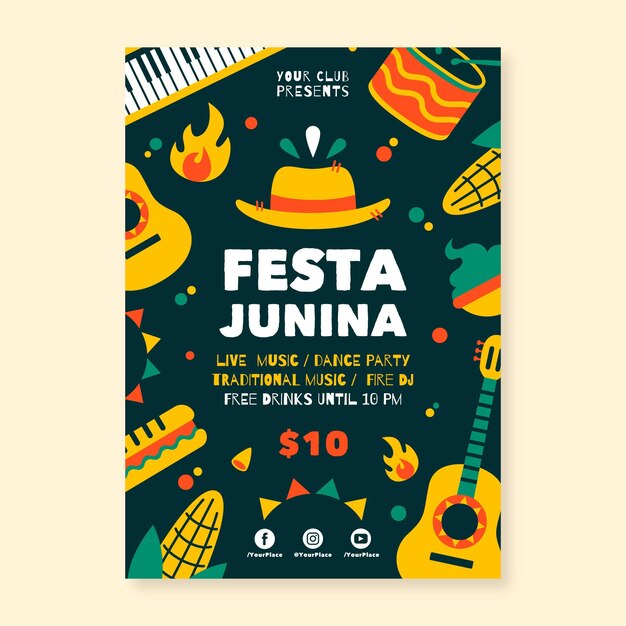 Плоский шаблон вертикального плаката festa junina