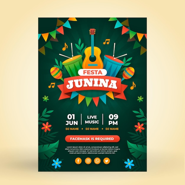 무료 벡터 플랫 페스타 junina 세로 포스터 템플릿