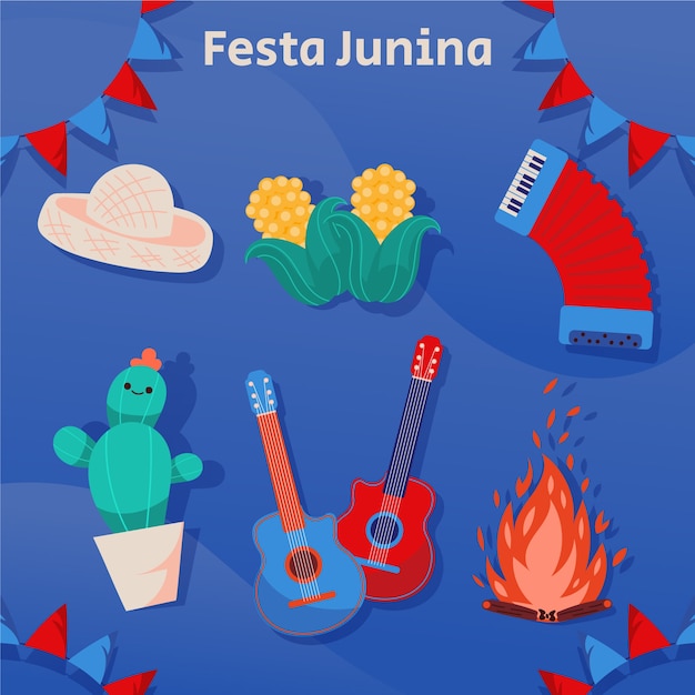 Бесплатное векторное изображение Коллекция персонажей и элементов flat festas juninas