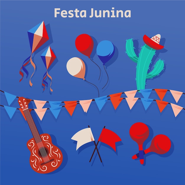 Vettore gratuito collezione di personaggi ed elementi di festas juninas piatti