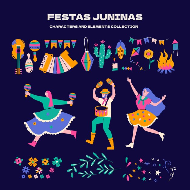 Flat festas juninas characters and elements collection