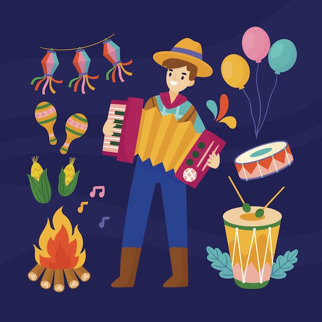 Free vector flat festas juninas characters and elements collection