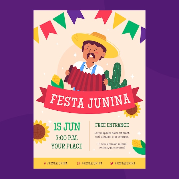 무료 벡터 플랫 festas juninas 전단지 템플릿