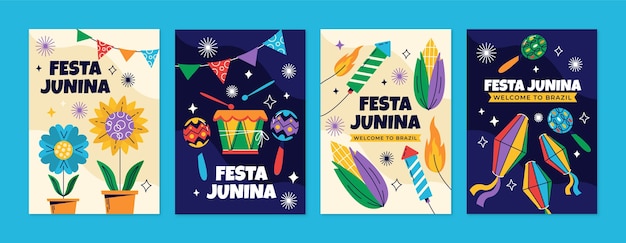 Бесплатное векторное изображение Коллекция поздравительных открыток flat festas juninas