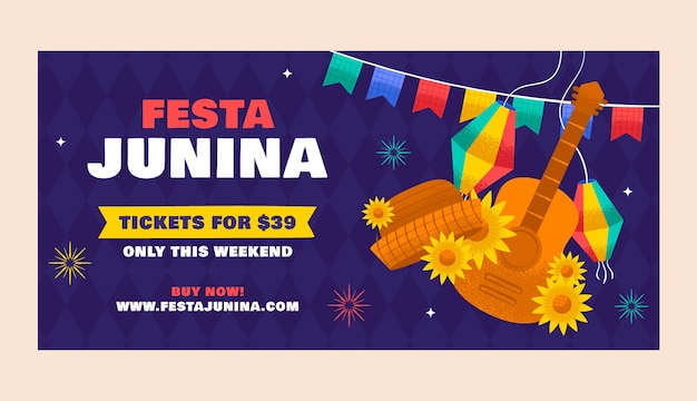 Vettore gratuito modello di banner orizzontale piatto festas juninas