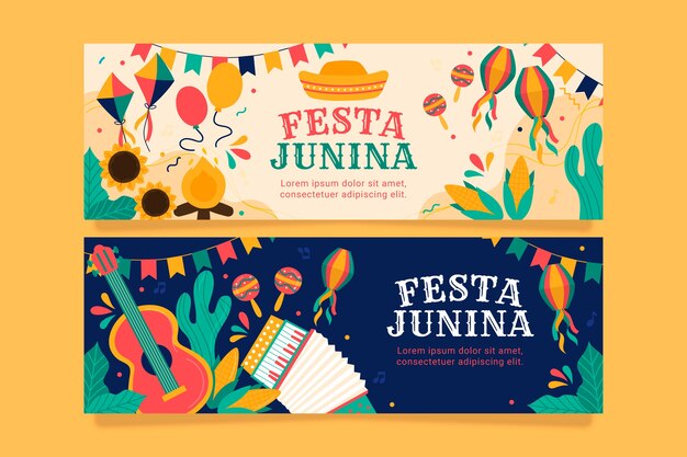 플랫 festas juninas 가로 배너 컬렉션