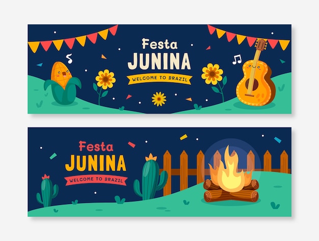 Бесплатное векторное изображение Плоские горизонтальные баннеры festas juninas