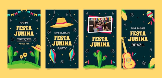 Vettore gratuito collezione di storie di instagram flat festas juninas