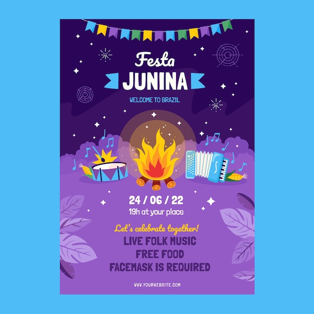 평면 축제 juninas 수직 포스터 템플릿