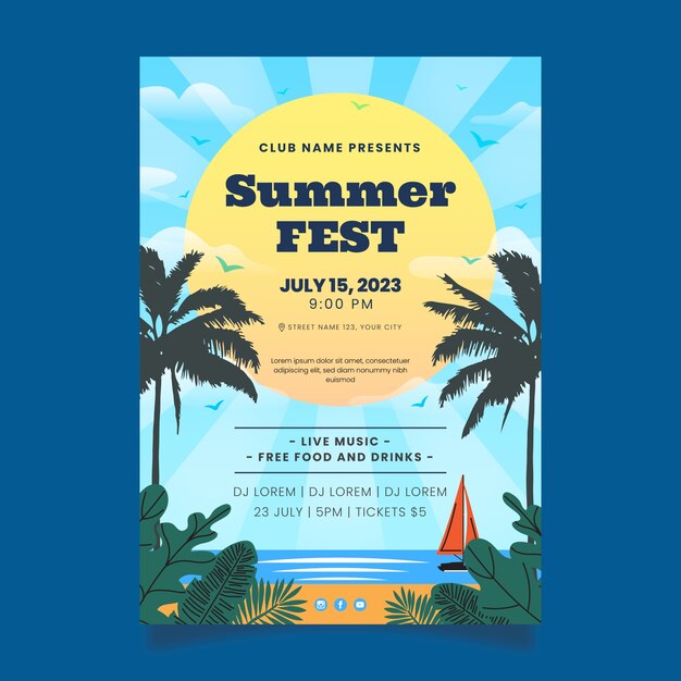 Free vector flat festival poster template for summertime