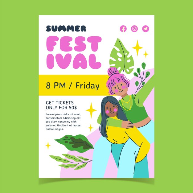 Flat festival poster template for summertime Free Vector Download