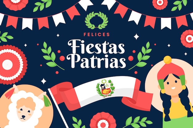 Free vector flat fiestas patrias background with flag and llama
