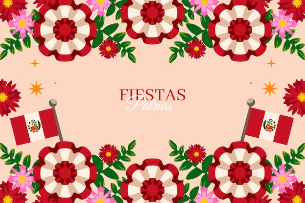 Vettore gratuito sfondo piatto fiestas patrias con fiori e rosette