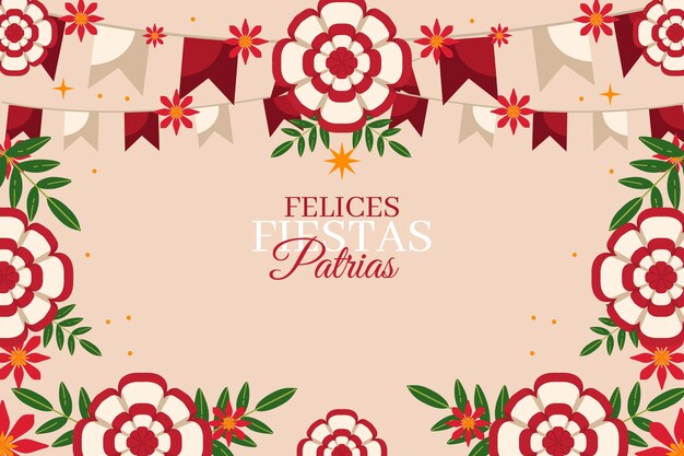 Flat fiestas patrias background with flowers and rosettes