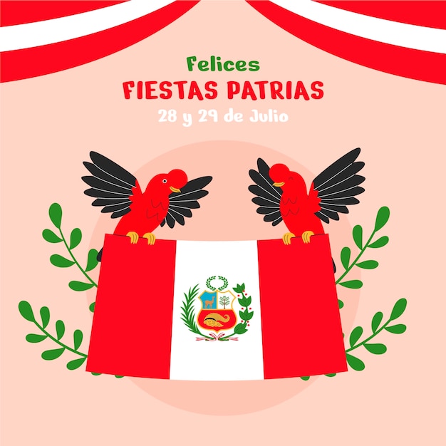 Free vector flat fiestas patrias background with parrots holding flags