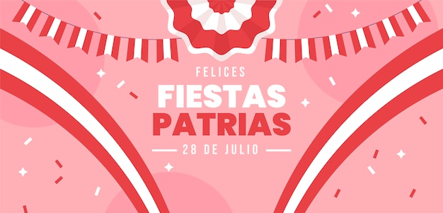 Шаблон горизонтального баннера flat fiestas patrias с конфетти и розеткой