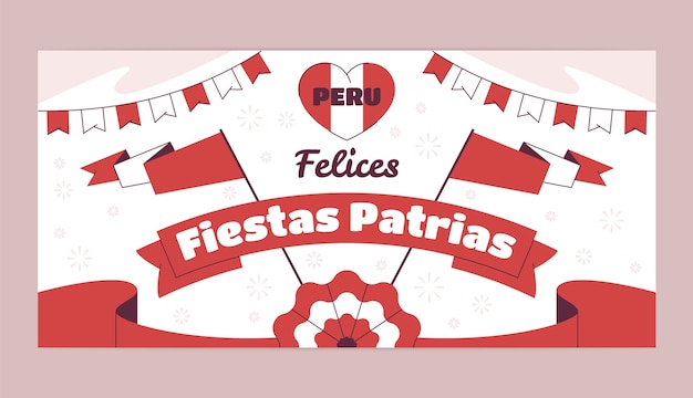 Бесплатное векторное изображение Шаблон горизонтального баннера flat fiestas patrias с флагами и розеткой