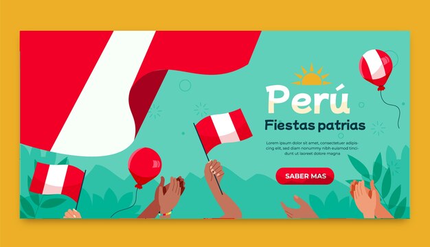 Flat fiestas patrias horizontal banner template with hands holding balloons and flags