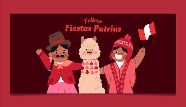 Free vector flat fiestas patrias horizontal banner template with llama and people