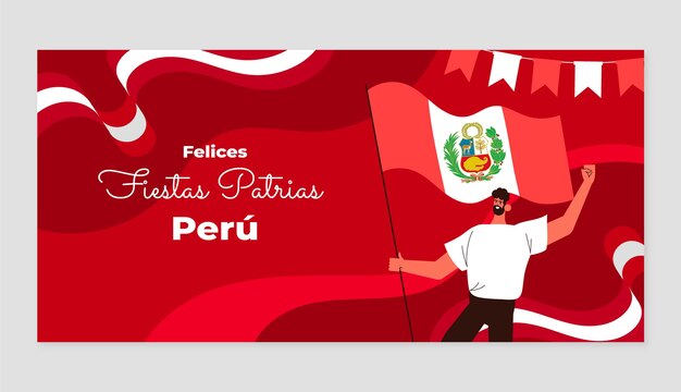 Flat fiestas patrias horizontal banner template with man holding peruvian flag