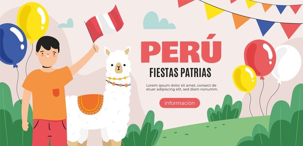 Free vector flat fiestas patrias horizontal banner template with man and llama